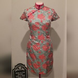 Floral Chinese 1990s Mint Teal and Red Floral Jacquard Dress